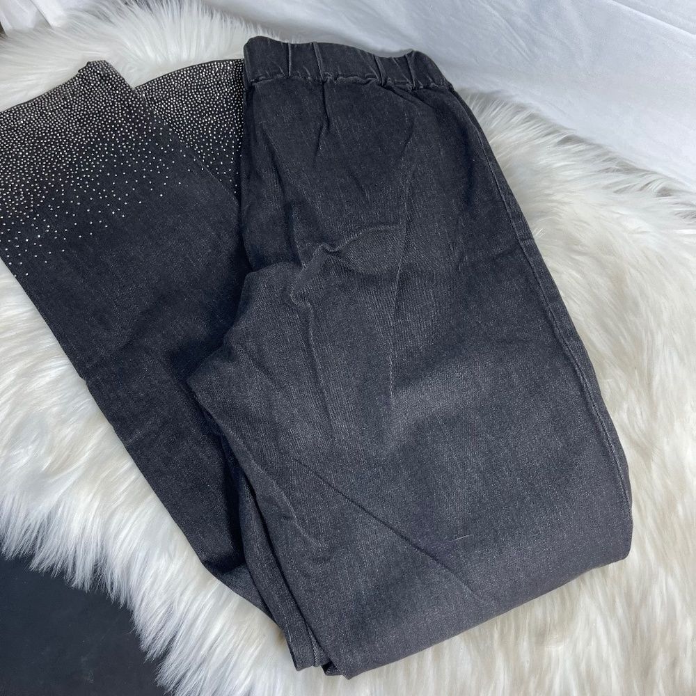 Soft Surroundings Black Denim Pull On Rhinestone Trim Pants Style #27446 Sz S